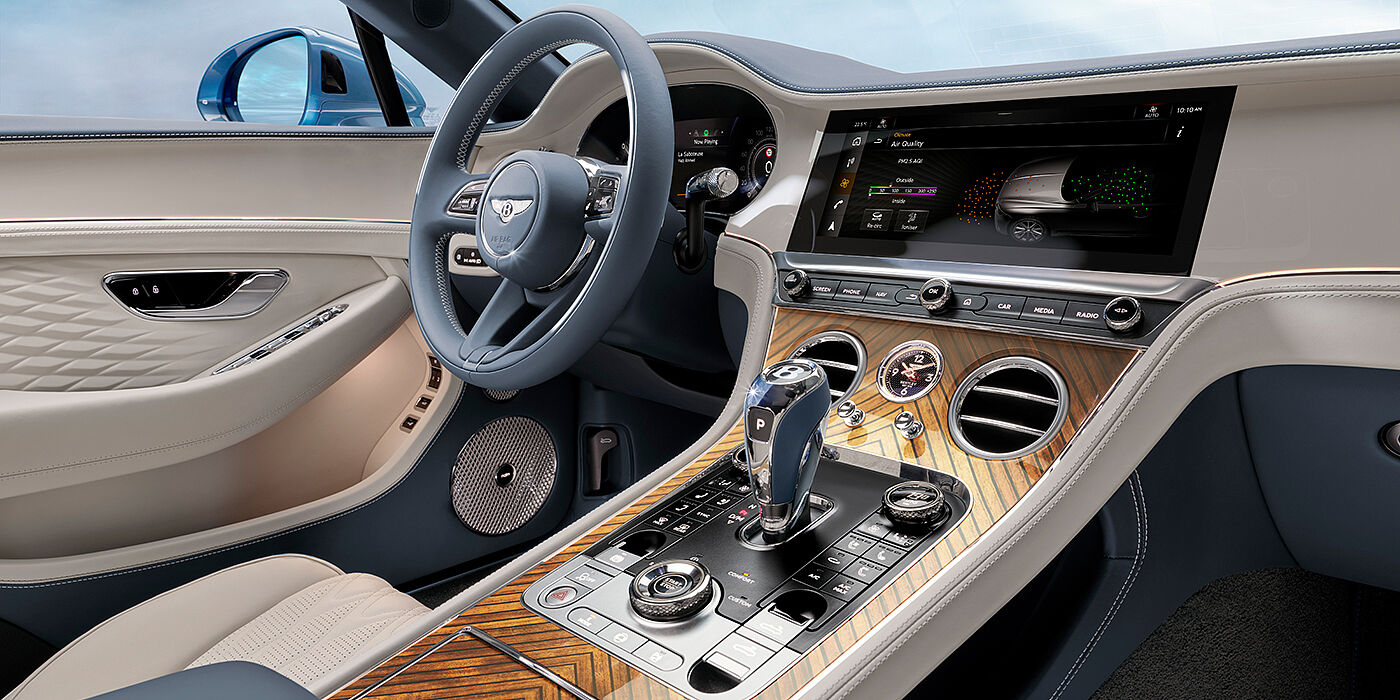 Bentley Lugano New Bentley Continental GTC Azure convertible interior front cabin view with Linen and Brunel hides and Piano Linen by Mulliner veneer featuring centre console and centre MMI screen