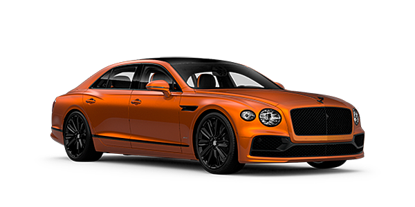 Bentley Lugano Bentley Flying Spur Speed front side angled view in Orange Flame coloured exterior. 