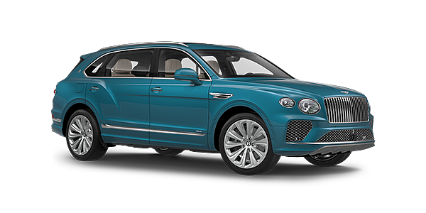 Bentley Lugano Bentayga Extended Wheelbase Azure luxury SUV front three quarter in Topaz Blue by Mulliner paint